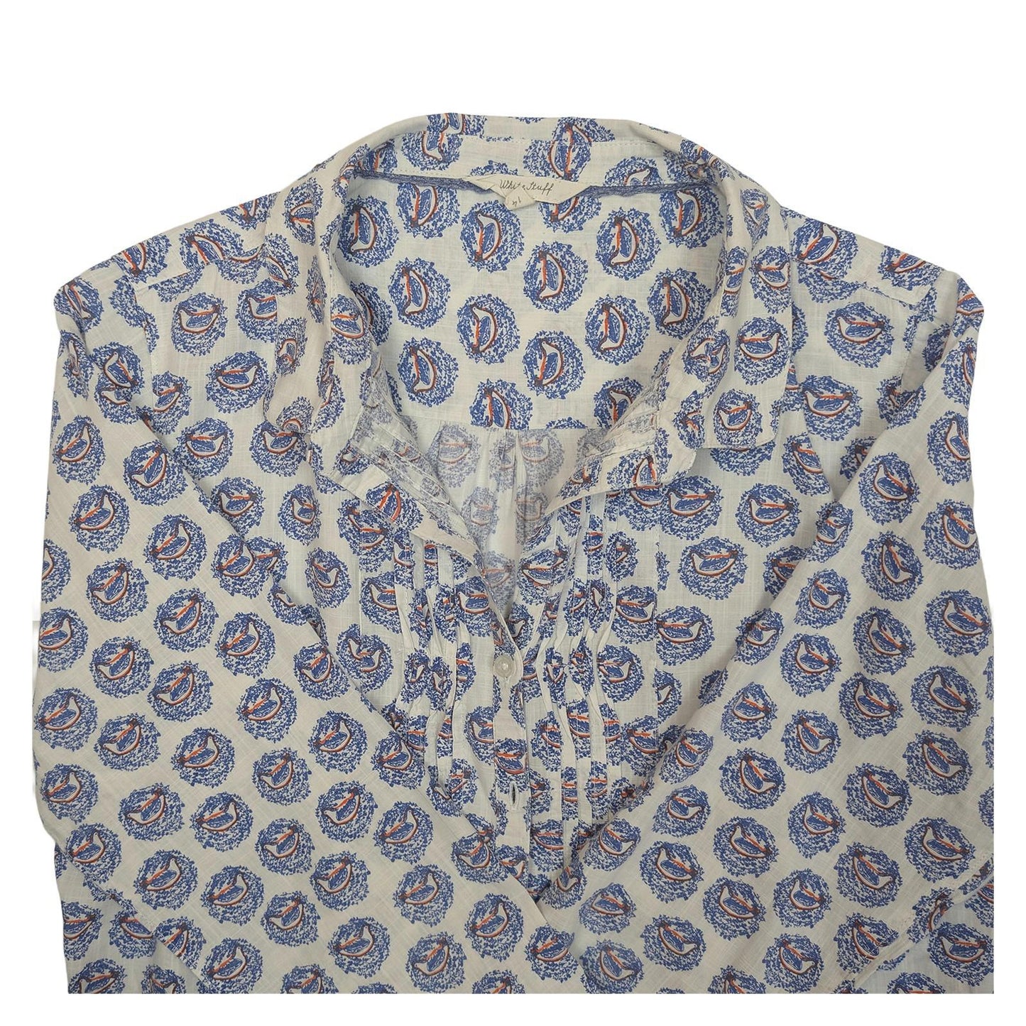 White Stuff Bird Print Shirt Women's Size UK 14 Blue White Cotton Pintuck Blouse by White Stuff – | RewearableUK