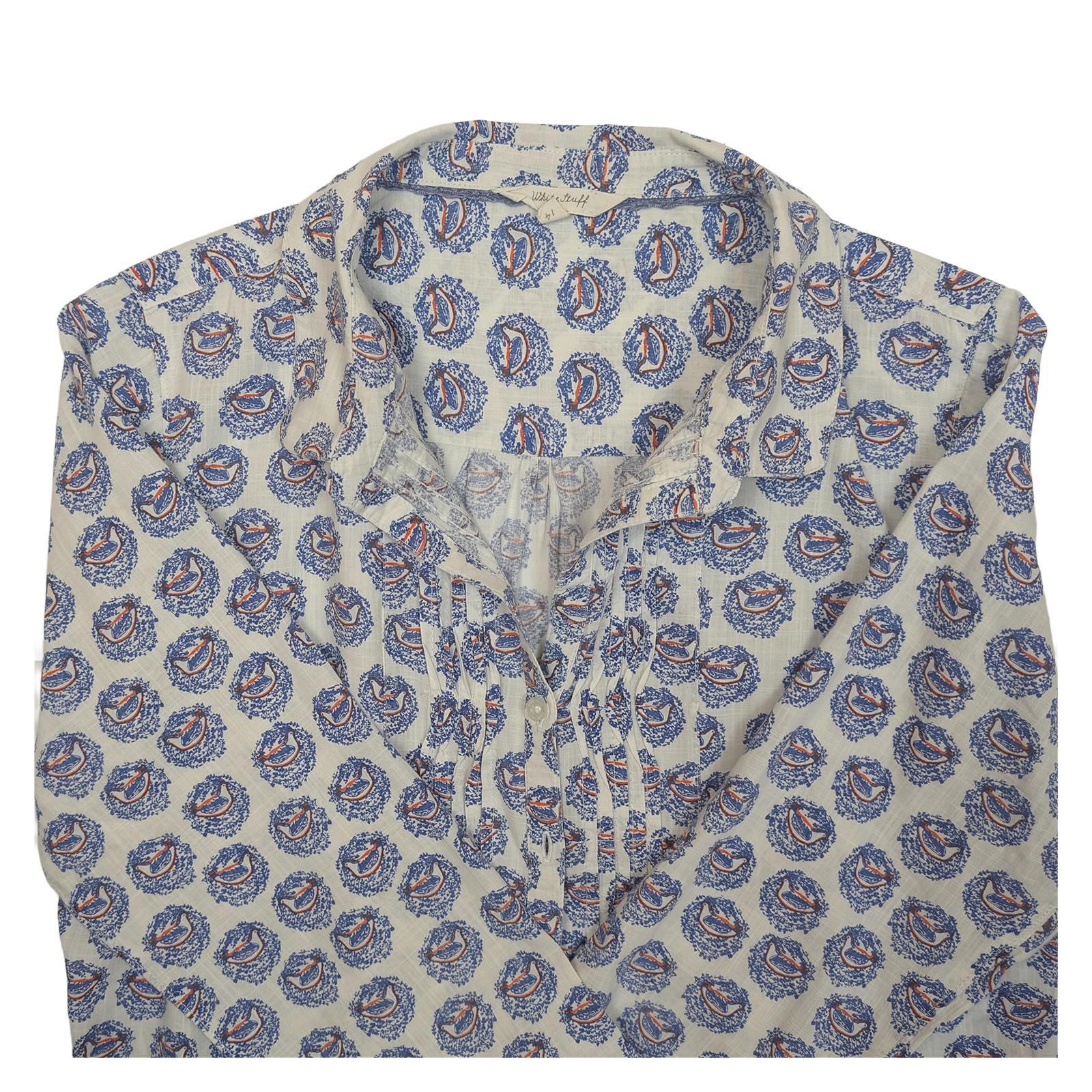 White Stuff Bird Print Shirt Women's Size UK 14 Blue White Cotton Pintuck Blouse by White Stuff – | RewearableUK