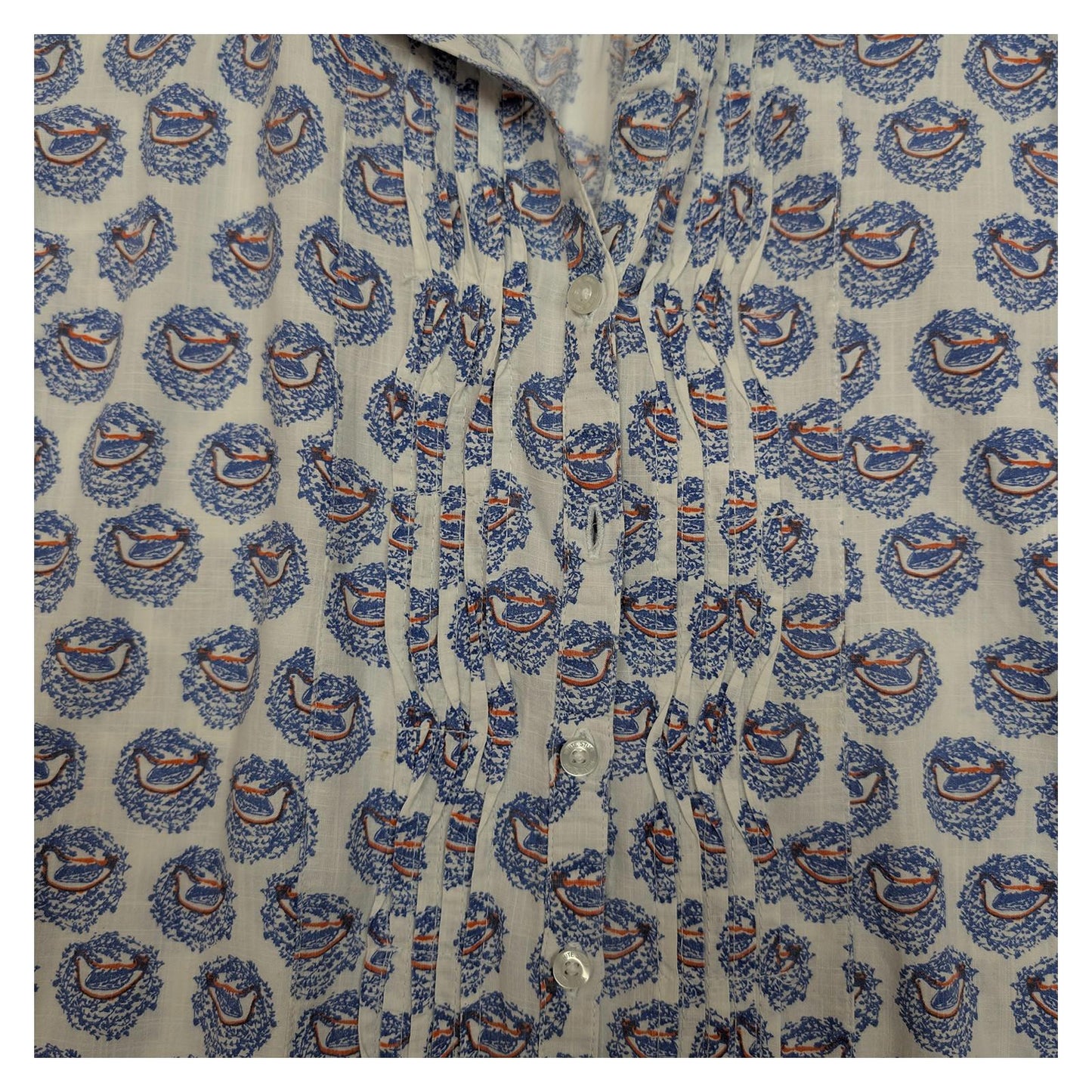White Stuff Bird Print Shirt Women's Size UK 14 Blue White Cotton Pintuck Blouse by White Stuff – | RewearableUK