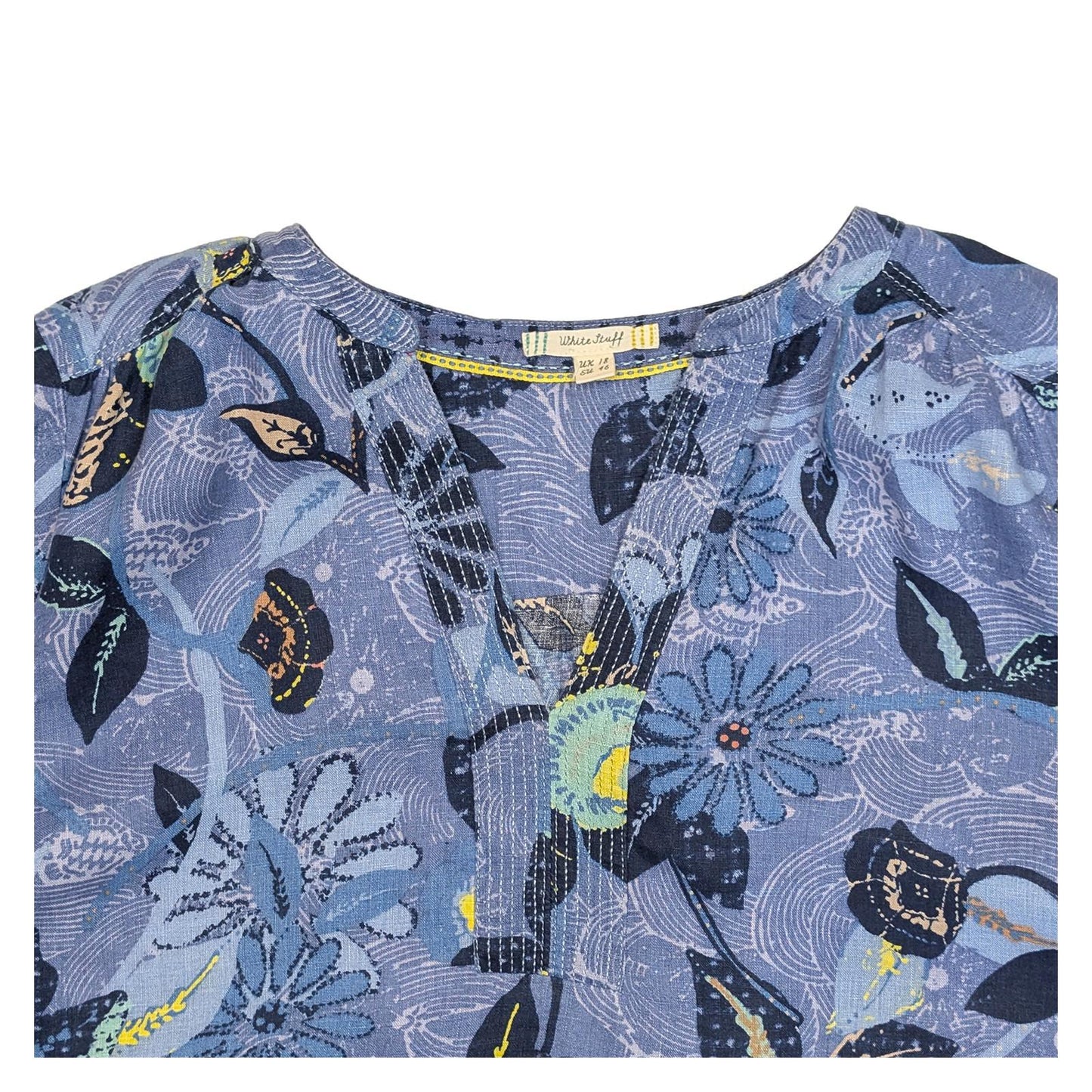 White Stuff Blue Floral Linen Tunic Top Size UK 18 US 14 Short Sleeve Notch Neck by White – | RewearableUK
