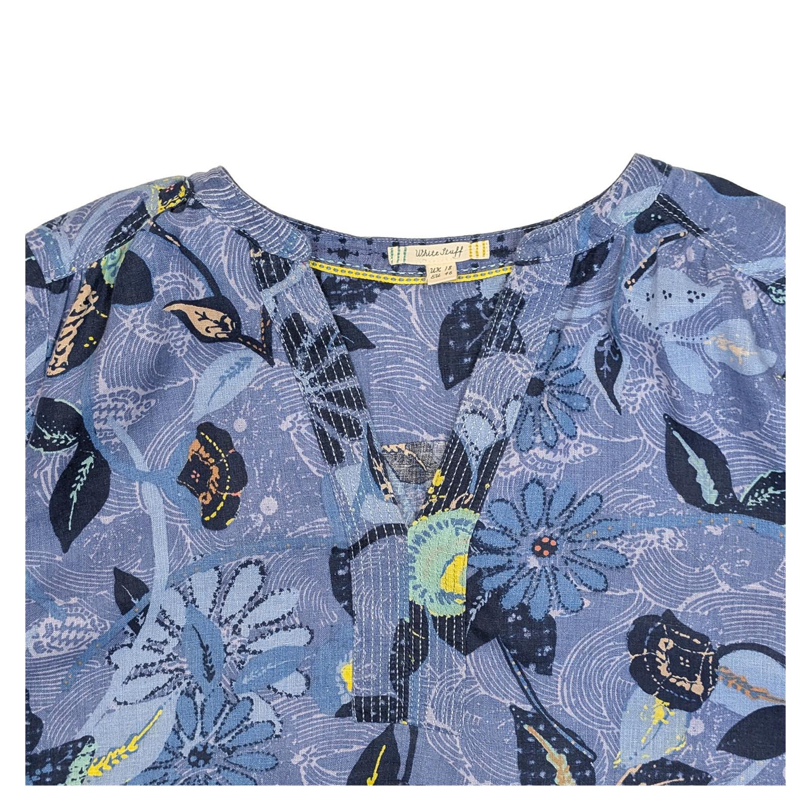 White Stuff Blue Floral Linen Tunic Top Size UK 18 US 14 Short Sleeve Notch Neck by White – | RewearableUK