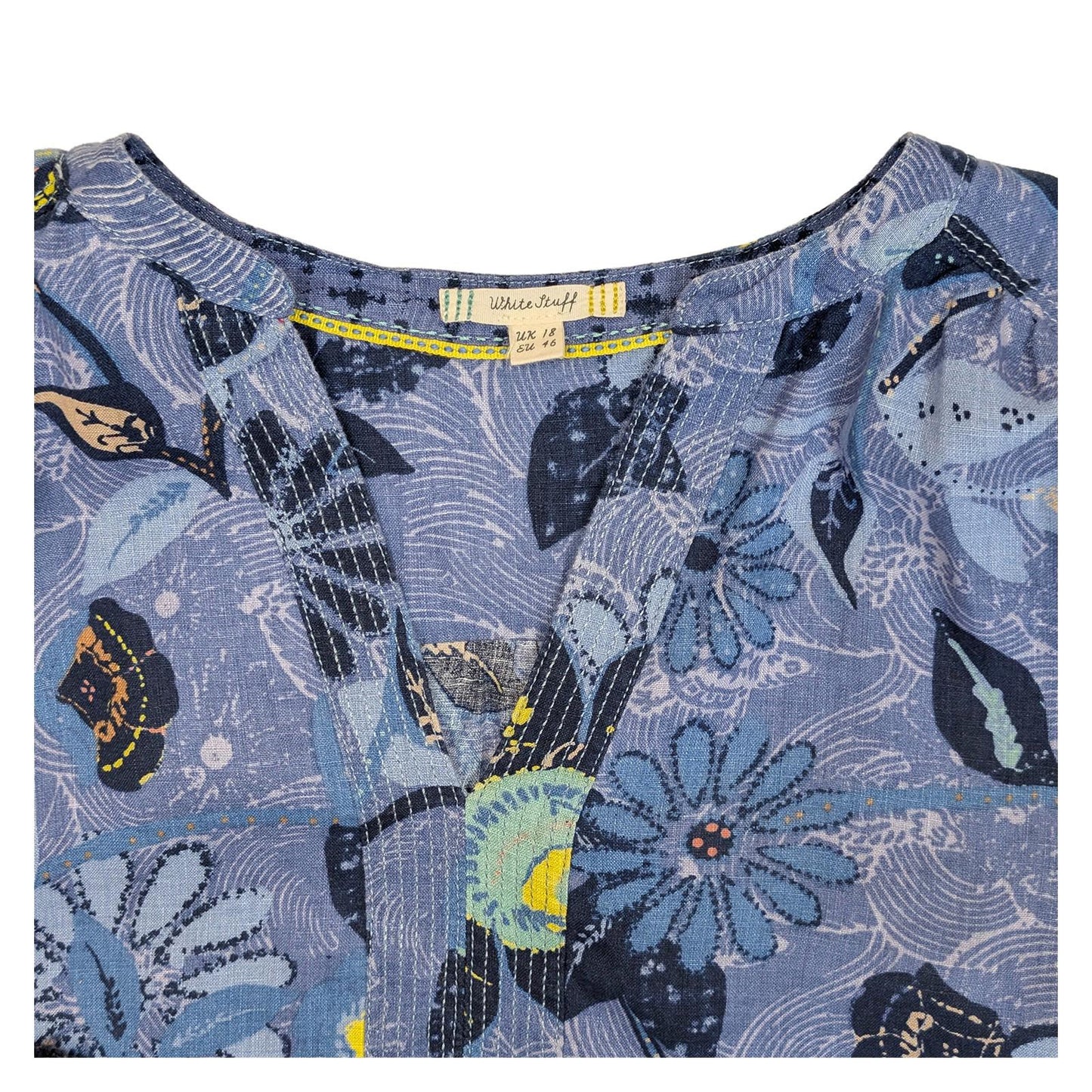 White Stuff Blue Floral Linen Tunic Top Size UK 18 US 14 Short Sleeve Notch Neck by White – | RewearableUK