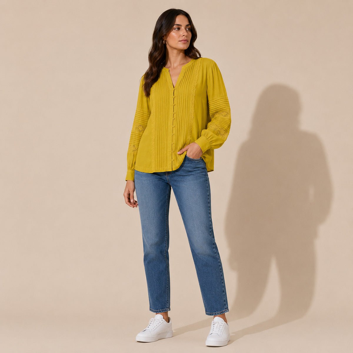 White Stuff Women's Mustard Yellow Lace Pintuck Blouse UK 16 Long Sleeve – Top product photo 1 | RewearableUK