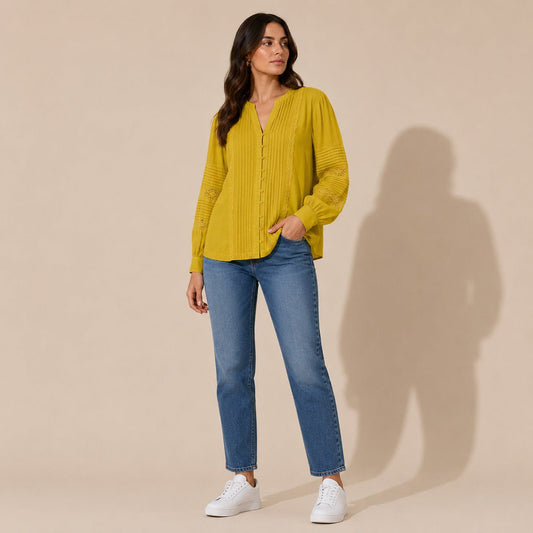 White Stuff Women's Mustard Yellow Lace Pintuck Blouse UK 16 Long Sleeve – Top product photo 1 | RewearableUK