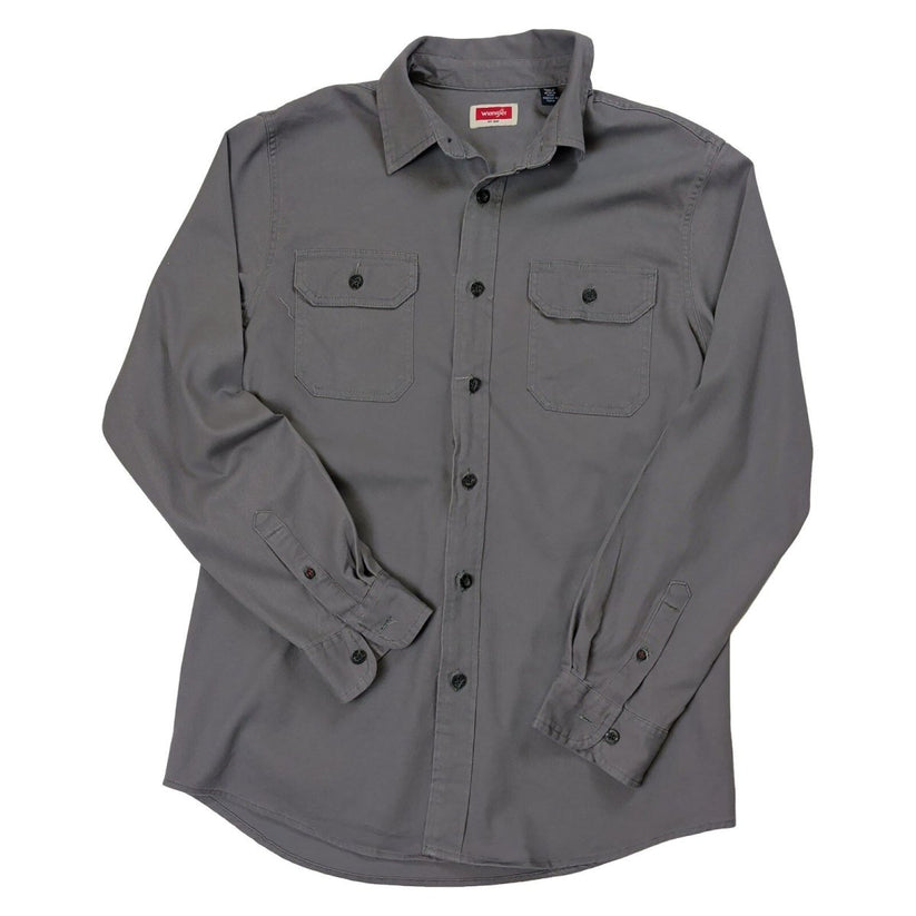 Wrangler Mens Grey Stretch Work Shirt M Button Up Two Chest Pockets – product photo 1 | RewearableUK
