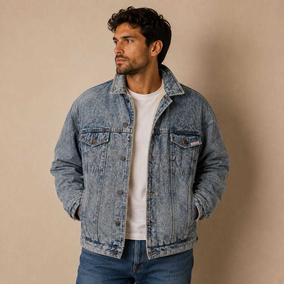 Zona Tres Acid Wash Denim Sherpa Trucker Jacket M Blue – Jacket product photo 1 | RewearableUK