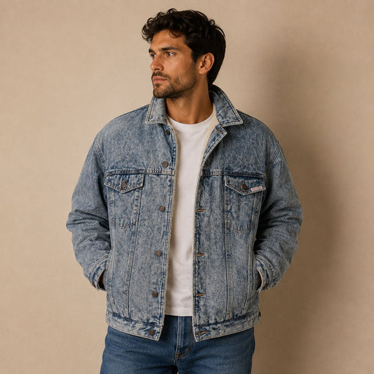 Zona Tres Acid Wash Denim Sherpa Trucker Jacket M Blue – Jacket product photo 1 | RewearableUK